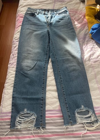 Kadın Mavi Denim Bol Kesim Yırtık Jean - Görsel 2