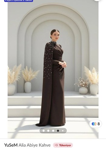 Drapeli Boncuk Detaylı Uzun Kahverengi Elbise - Görsel 6