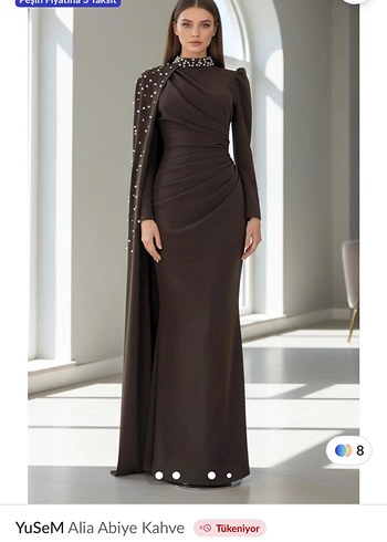 Drapeli Boncuk Detaylı Uzun Kahverengi Elbise - Görsel 7