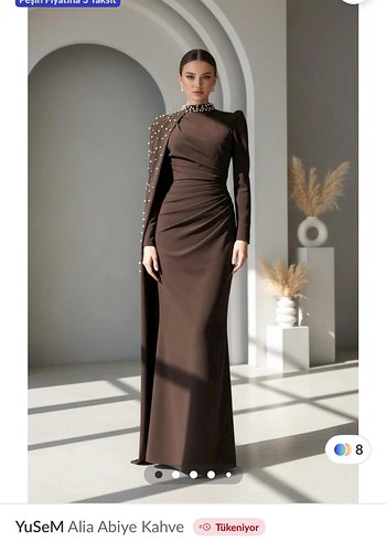 Drapeli Boncuk Detaylı Uzun Kahverengi Elbise - Görsel 9