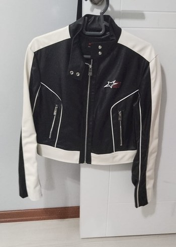 Siyah Beyaz Deri Biker Ceket