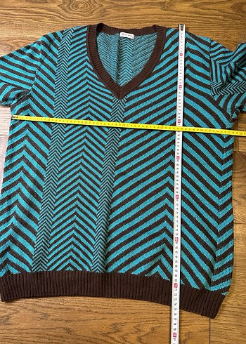 V Yaka Mavi Çizgili Örgü Erkek Kazak - Görsel 4