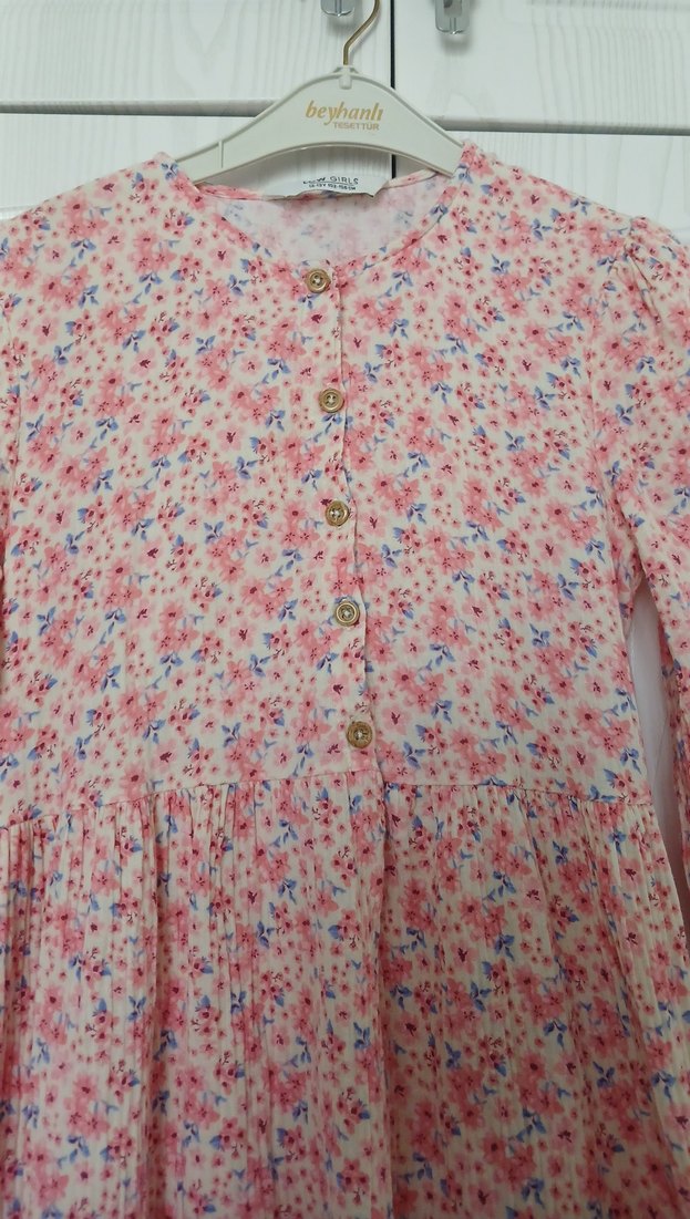 Pembe Çiçekli Uzun Kollu Kız Elbisesi - Görsel 2