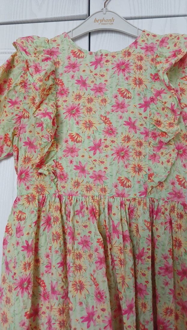 Pembe Çiçekli Kısa Kollu Bohem Kız Elbisesi - Görsel 2