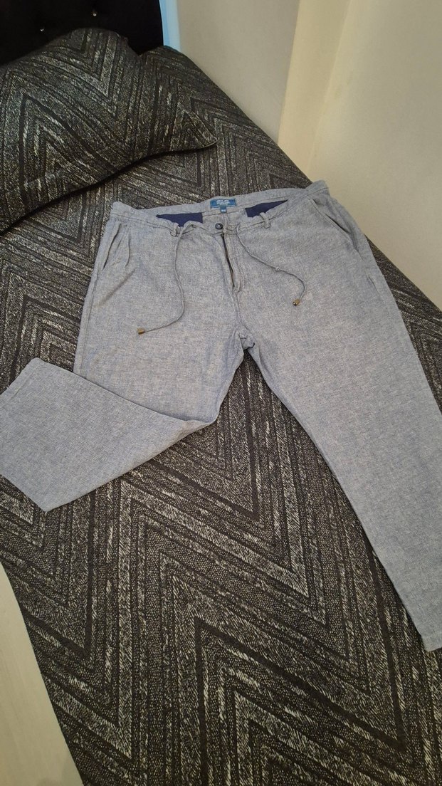 MAVİ RENK KETEN PAMUK KARIŞIMI DÖKÜMLÜ RAHAT VE ŞIK PANTOLON - Görsel 5