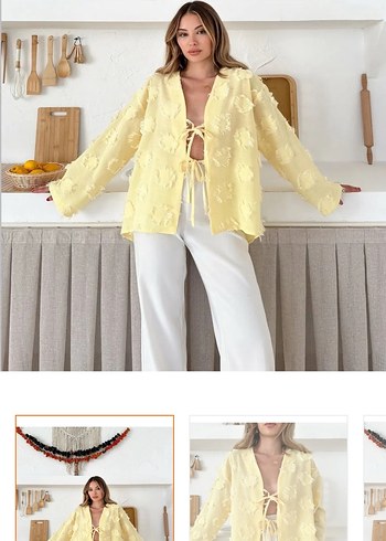 Diğer Sarı Keten V Yaka Düğmeli Kimono
