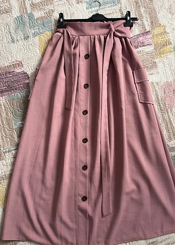 Düğmeli Pembe Bohem Uzun Etek