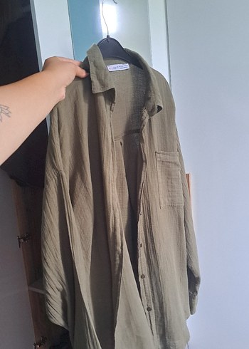Kadın Haki Müslin Keten Gömlek - Görsel 5