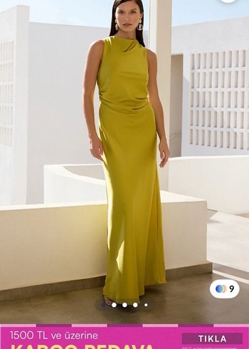 Sarı saten Drapeli Uzun Kadın Elbise - Görsel 2