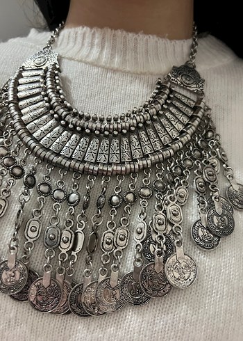 Uzun Gri Bohem İşlemeli Zincirli Kadın Kolye - Görsel 4