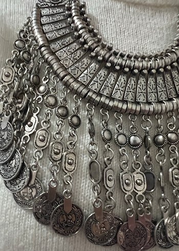 Uzun Gri Bohem İşlemeli Zincirli Kadın Kolye - Görsel 2