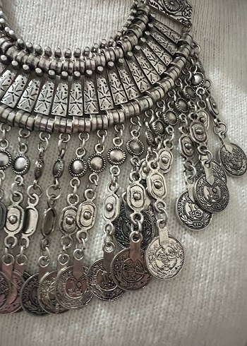 Uzun Gri Bohem İşlemeli Zincirli Kadın Kolye - Görsel 3