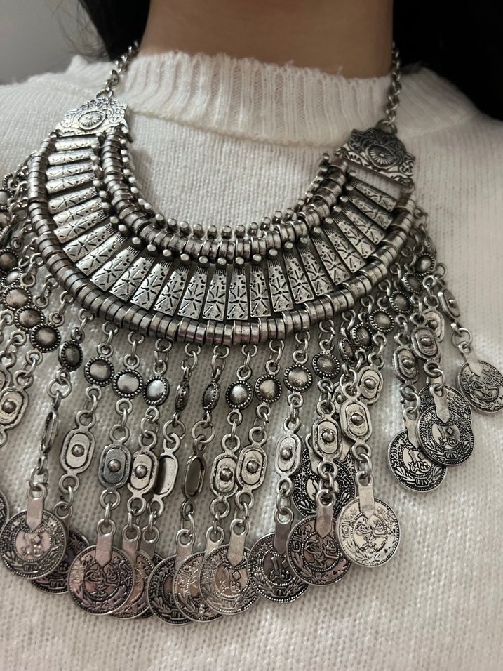 Uzun Gri Bohem İşlemeli Zincirli Kadın Kolye - Görsel 4