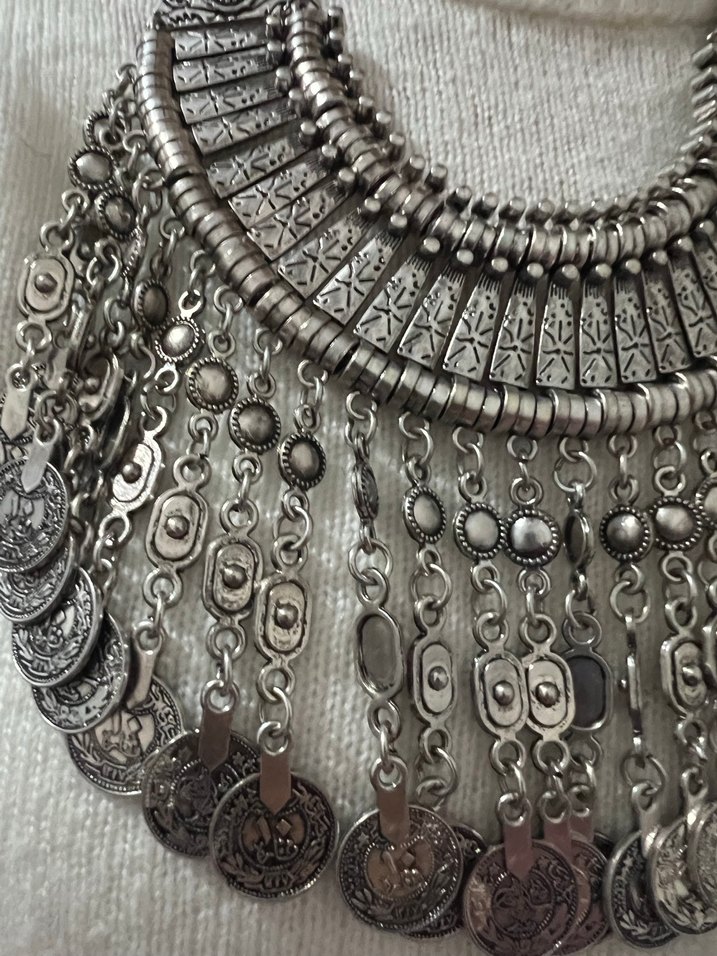 Uzun Gri Bohem İşlemeli Zincirli Kadın Kolye - Görsel 2