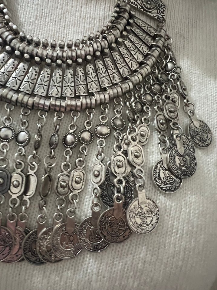 Uzun Gri Bohem İşlemeli Zincirli Kadın Kolye - Görsel 3