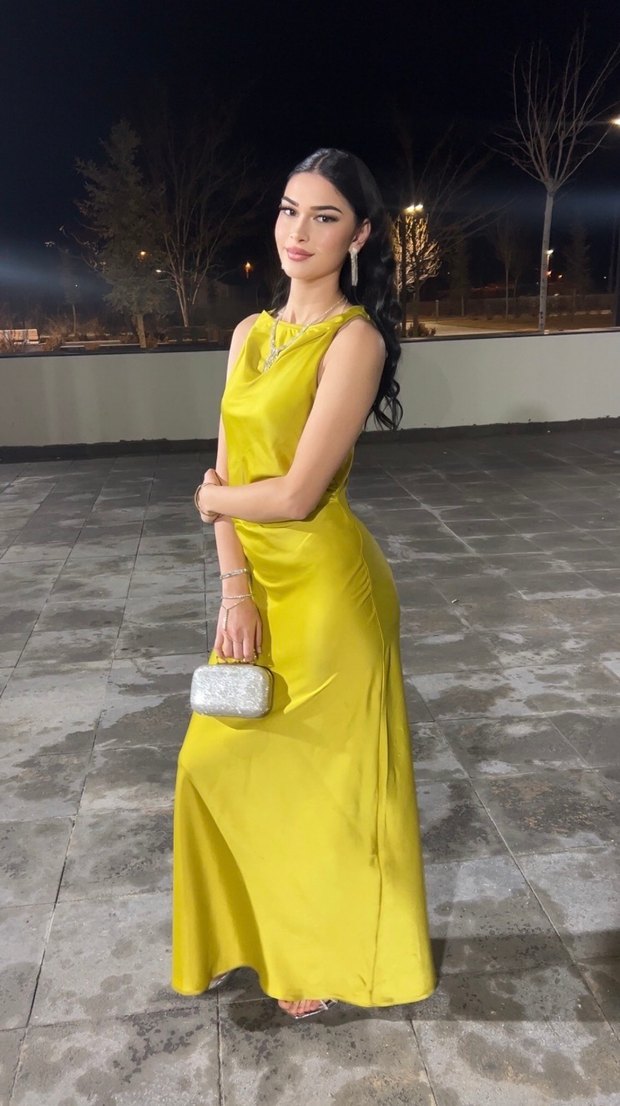 Yağ yeşili saten elbise - Görsel 2