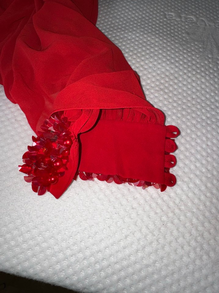 Drapeli Parlak Kırmızı Uzun Abiye Elbise - Görsel 5