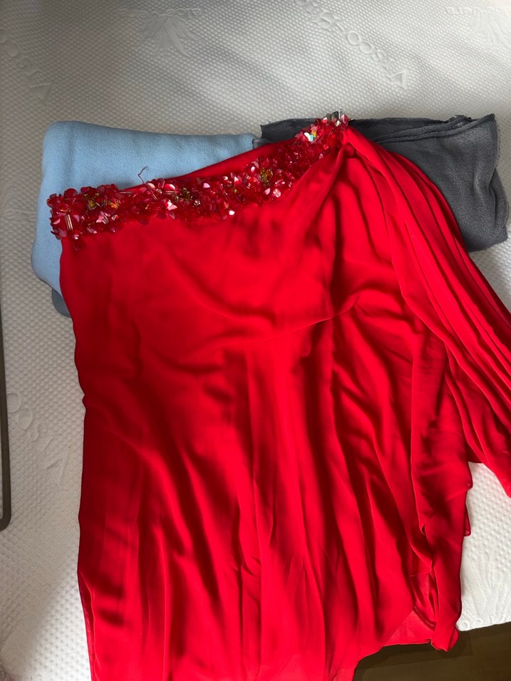 Drapeli Parlak Kırmızı Uzun Abiye Elbise - Görsel 2