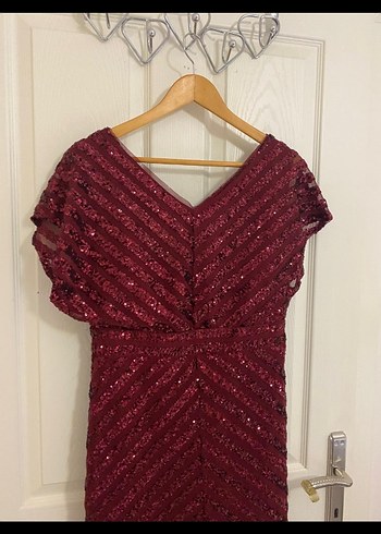 Bordo Uzun Drapeli V Yaka Abiye Elbise - Görsel 5