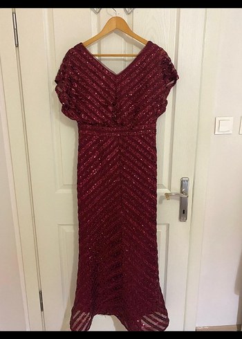 Bordo Uzun Drapeli V Yaka Abiye Elbise - Görsel 3