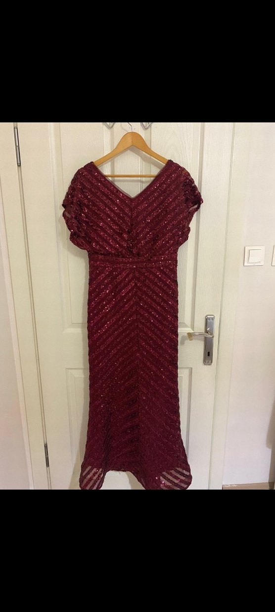 Bordo Uzun Drapeli V Yaka Abiye Elbise - Görsel 3