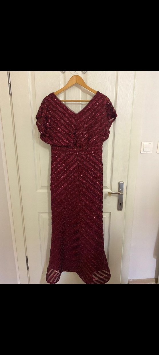 Bordo Uzun Drapeli V Yaka Abiye Elbise - Görsel 2