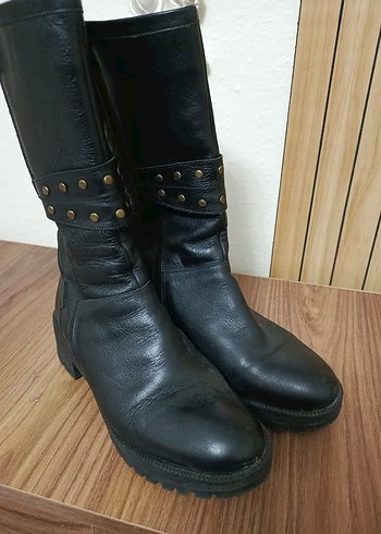 Kadın Siyah Deri Biker Botlar Tokalı - Görsel 3