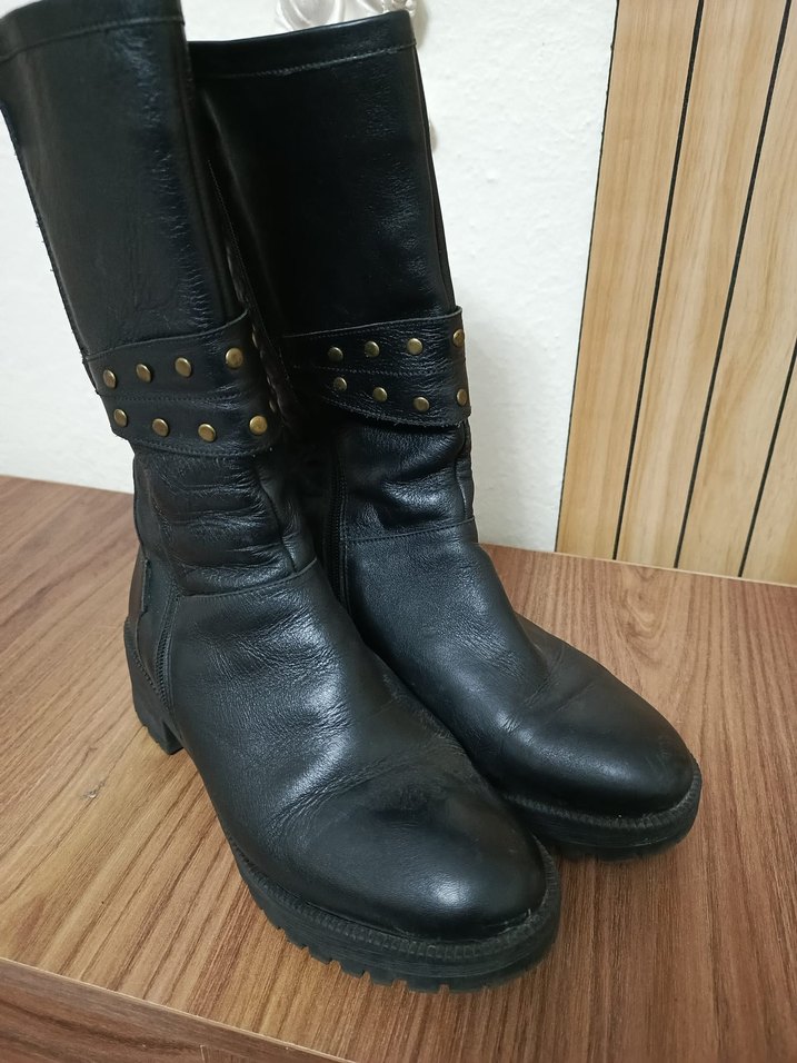 Kadın Siyah Deri Biker Botlar Tokalı - Görsel 3