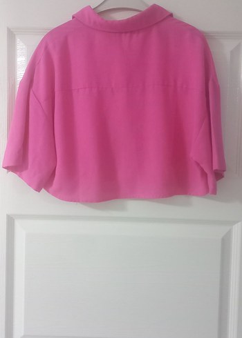 Pembe Kısa Kollu Düğmeli Kadın Gömlek - Görsel 3