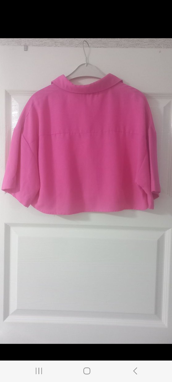 Pembe Kısa Kollu Düğmeli Kadın Gömlek - Görsel 3