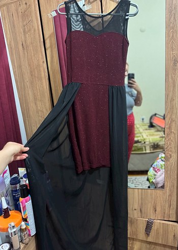 Bordo Uzun V Yaka Gotik Abiye Elbise - Görsel 3