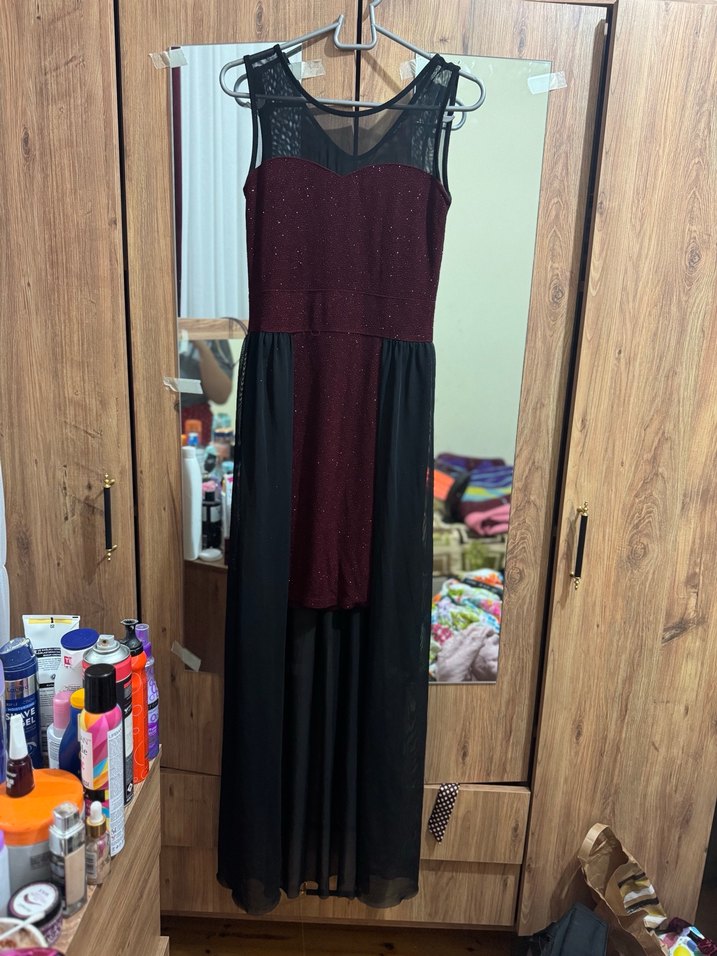 Bordo Uzun V Yaka Gotik Abiye Elbise - Görsel 2