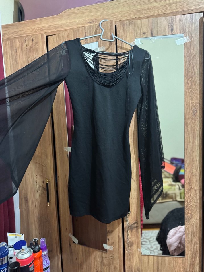 Uzun Kollu Siyah Gotik Midi Elbise - Görsel 3