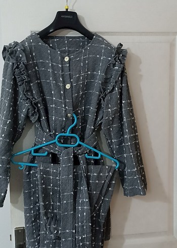 ikili takım düğmeli Gri Uzun Keten Kadın takım - Görsel 6