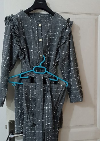 ikili takım düğmeli Gri Uzun Keten Kadın takım - Görsel 5