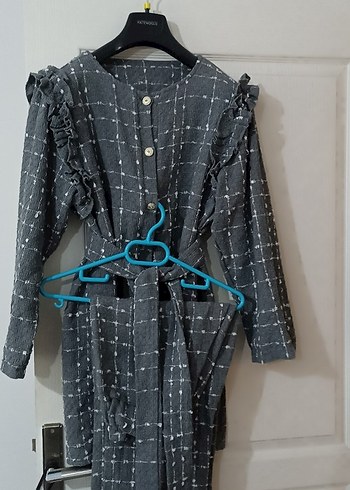 ikili takım düğmeli Gri Uzun Keten Kadın takım - Görsel 7