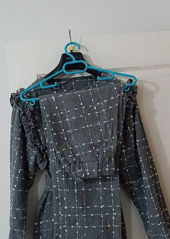 ikili takım düğmeli Gri Uzun Keten Kadın takım - Görsel 4