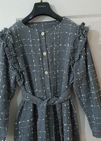 ikili takım düğmeli Gri Uzun Keten Kadın takım - Görsel 2