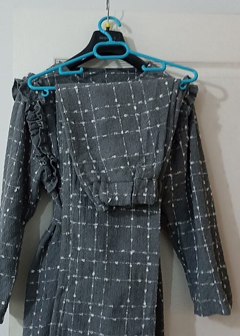 ikili takım düğmeli Gri Uzun Keten Kadın takım - Görsel 3