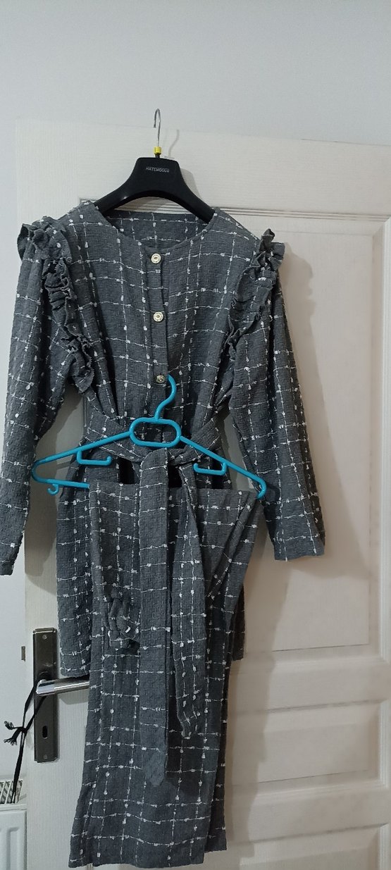 ikili takım düğmeli Gri Uzun Keten Kadın takım - Görsel 5