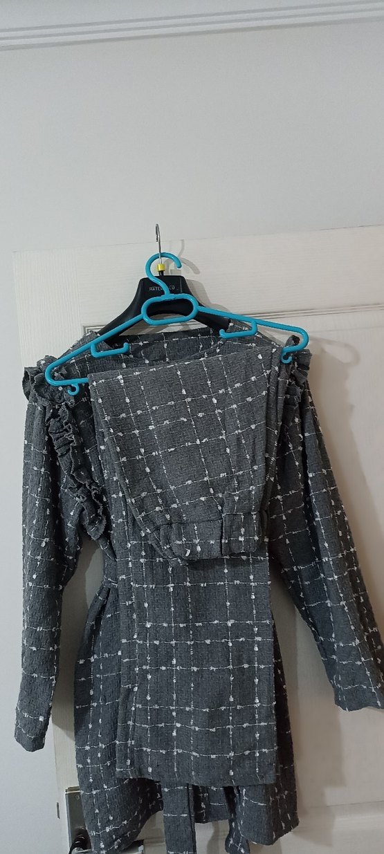 ikili takım düğmeli Gri Uzun Keten Kadın takım - Görsel 4