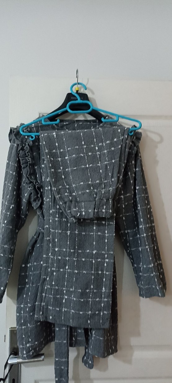 ikili takım düğmeli Gri Uzun Keten Kadın takım - Görsel 3