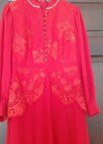 Kırmızı Vintage Uzun Kollu Uzun Elbise - Görsel 6