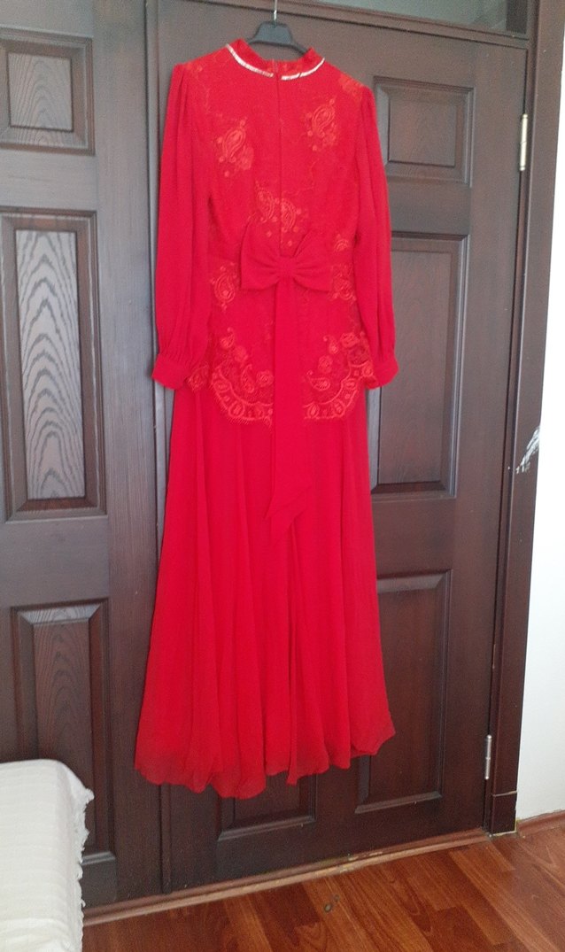 Kırmızı Vintage Uzun Kollu Uzun Elbise - Görsel 2