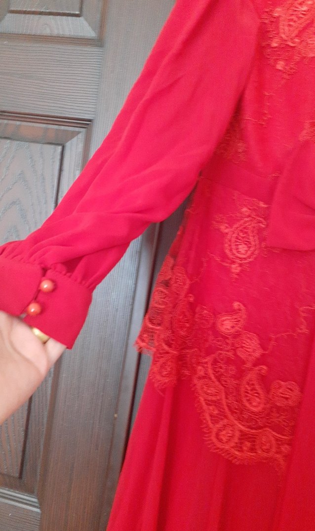 Kırmızı Vintage Uzun Kollu Uzun Elbise - Görsel 4