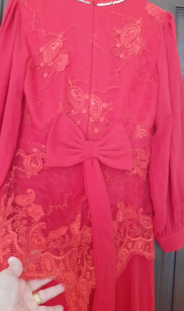 Kırmızı Vintage Uzun Kollu Uzun Elbise - Görsel 5