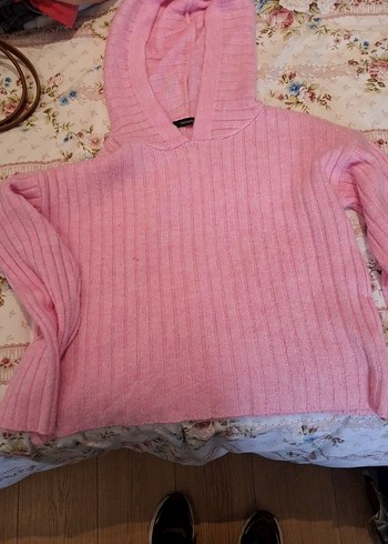 Pembe Kapüşonlu Kadın Triko Kazak