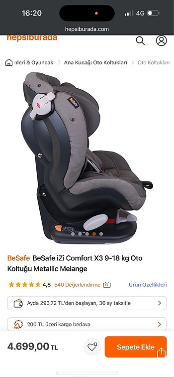 9- 18 kg Beden gri Renk Oto koltuğu