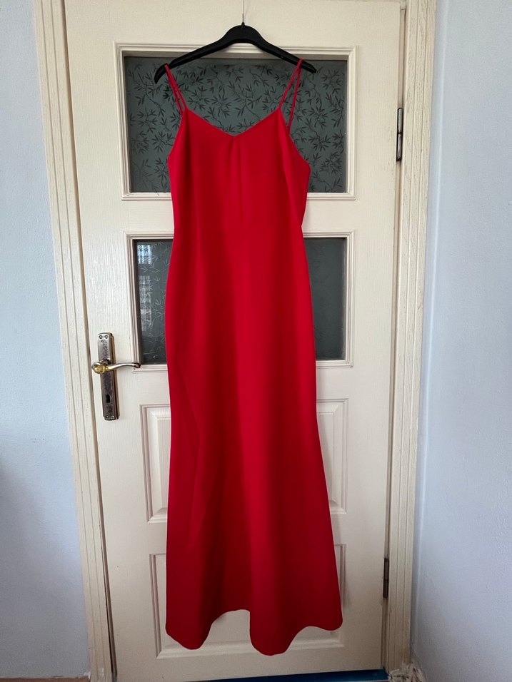 Kırmızı Uzun Askılı V Yaka Abiye Elbise - Görsel 2