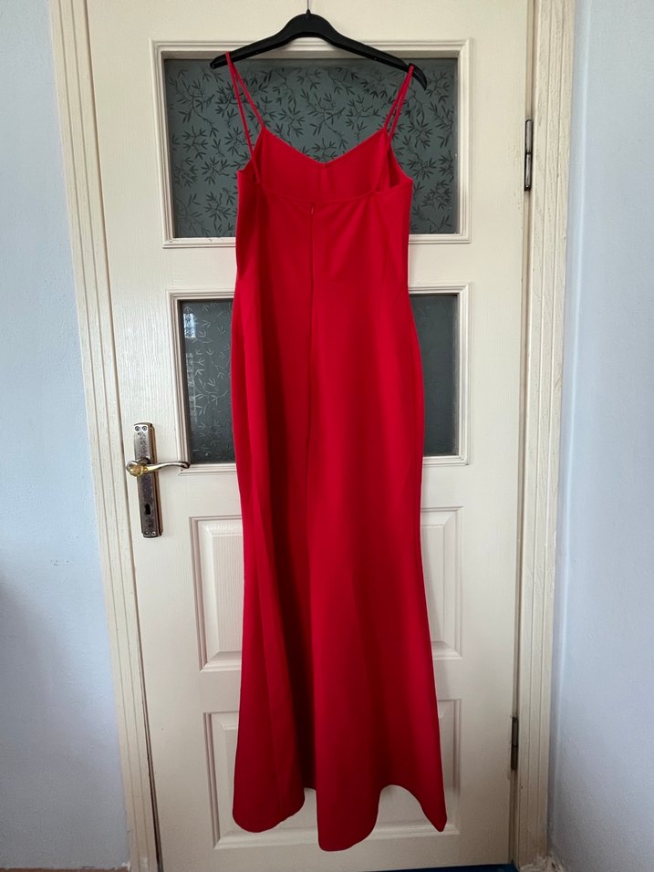 Kırmızı Uzun Askılı V Yaka Abiye Elbise - Görsel 3